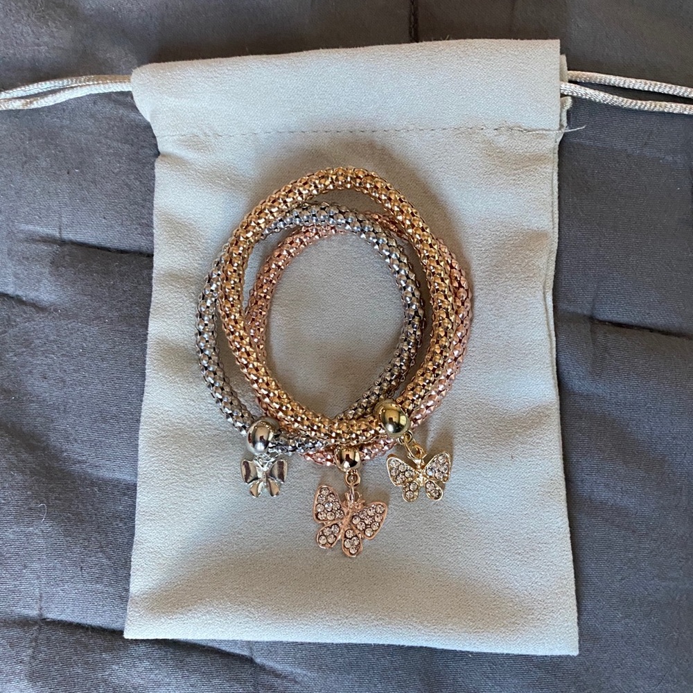Rhinestone Butterfly Charm Bangle Set